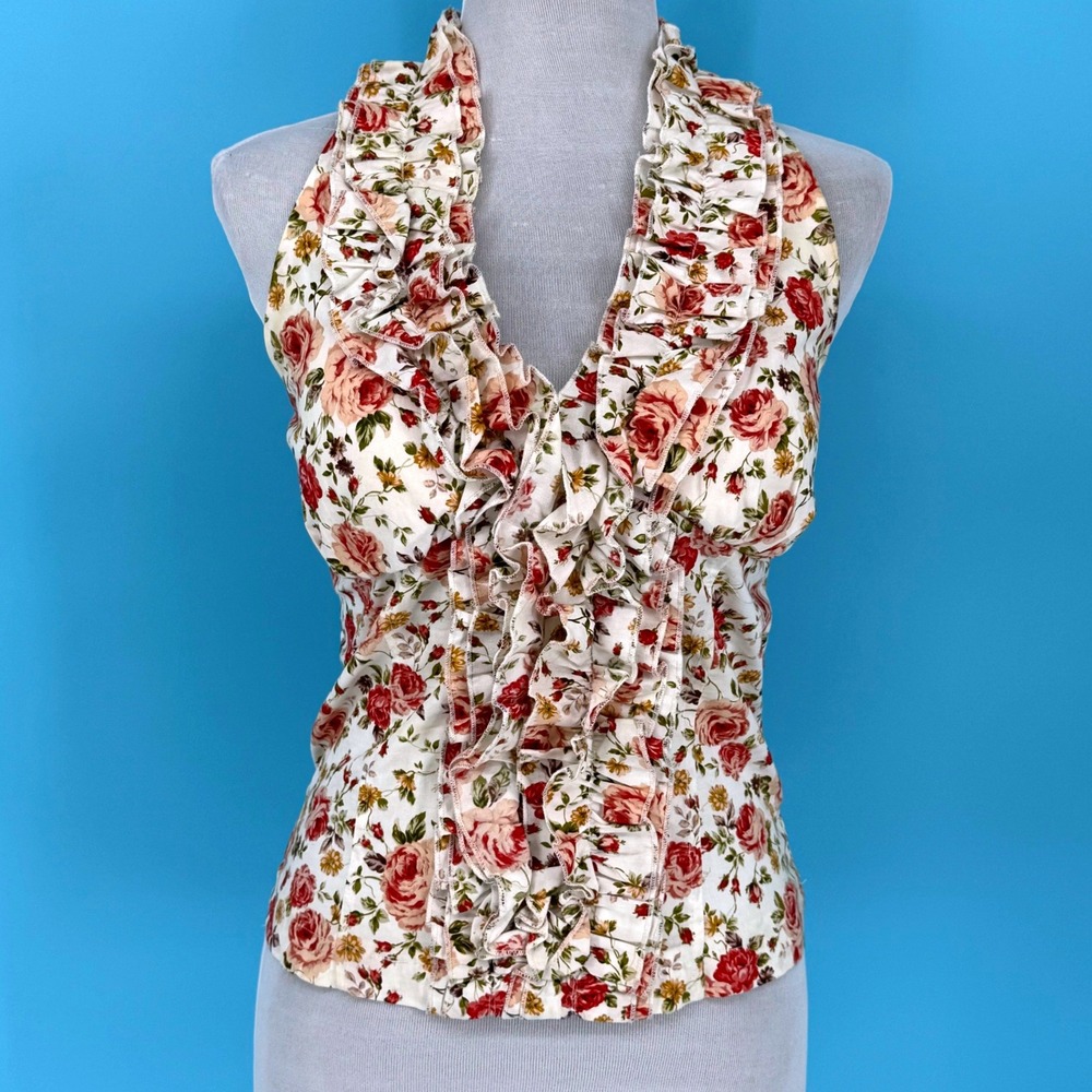 Poetry Women Floral Halter Top Ruffle V-Neck Smocked‎ Back Rose Print Cream